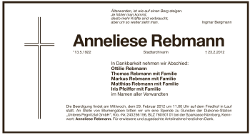 Traueranzeige von Anneliese Rebmann von Pegnitz-Zeitung